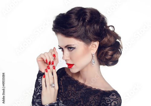 Canvas Print Fashion Portrait Of Beautiful Girl with red nails and lips. Vogu