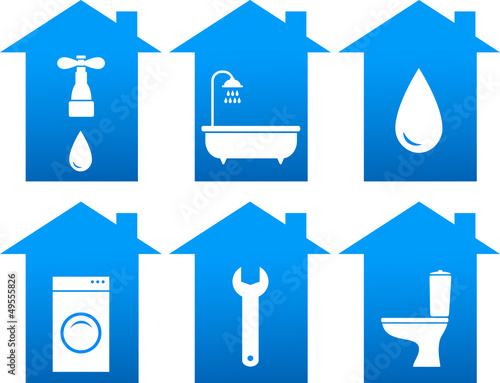 set of bathroom icons with house silhouette
