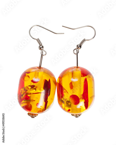 Earrings in glass yellow- red on a white background