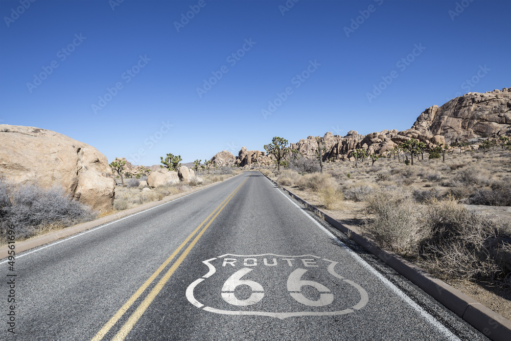 Joshua Tree Desert Highway with Route 66 Sign - obrazy, fototapety, plakaty 