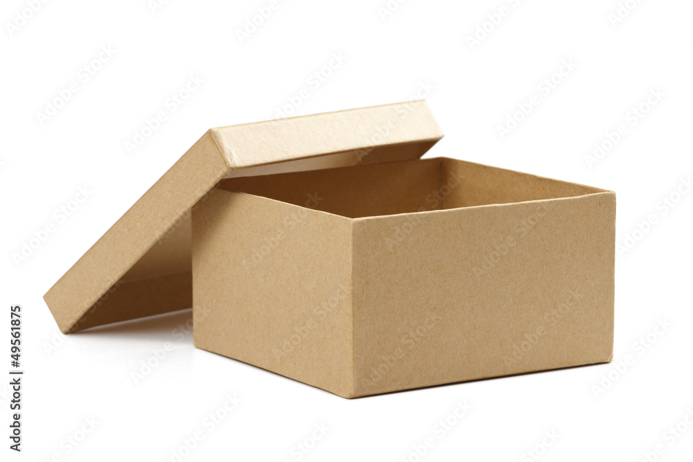 Opened empty cardboard box with lid off on white background
