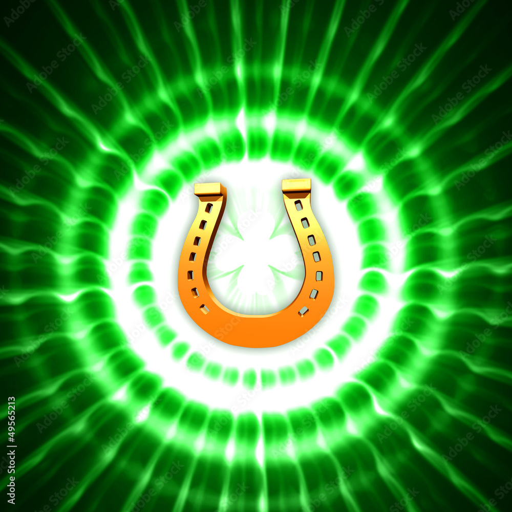 Fototapeta premium golden horseshoe and shamrock in green circles with rays