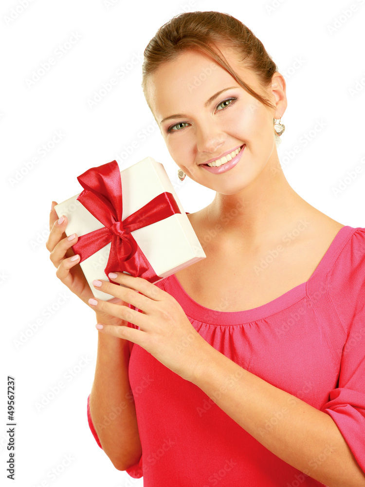 Woman holding gift box isolated on white background Woman holding gift box isolated on white background