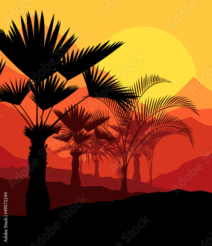 Tropical sunset palm trees vector background #49572244