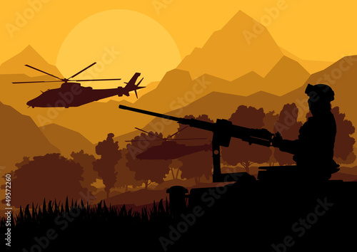 Army soldier with helicopters, guns and transportation in wild d