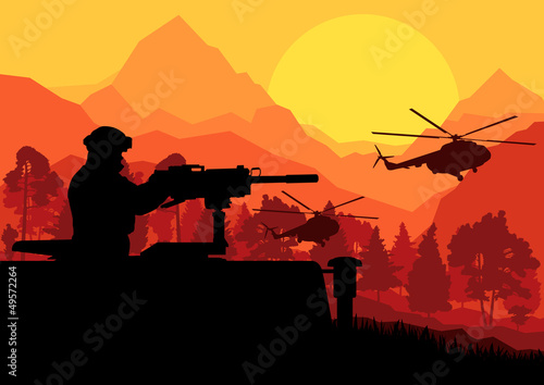 Army soldier with helicopters, guns and transportation in wild d