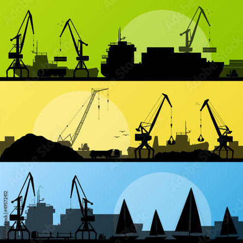 Industrial harbor, ships, transportation and crane seashore vect