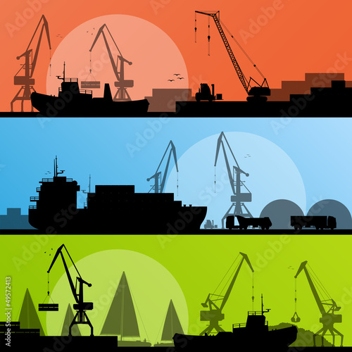 Industrial harbor, ships, transportation and crane seashore vect