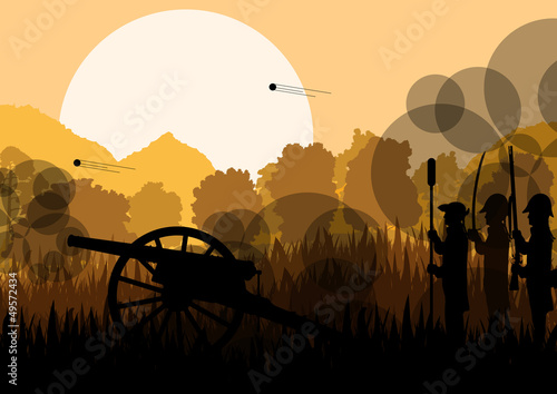 Vintage old civil war battle field warfare soldier troops and ar