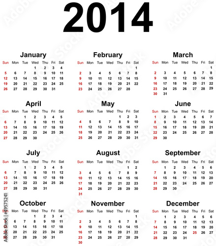 Calendar for year 2014