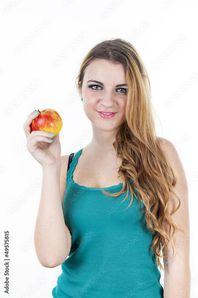 Beautiful girl with apple versus chocolate on white background Beautiful girl with apple versus chocolate on white background