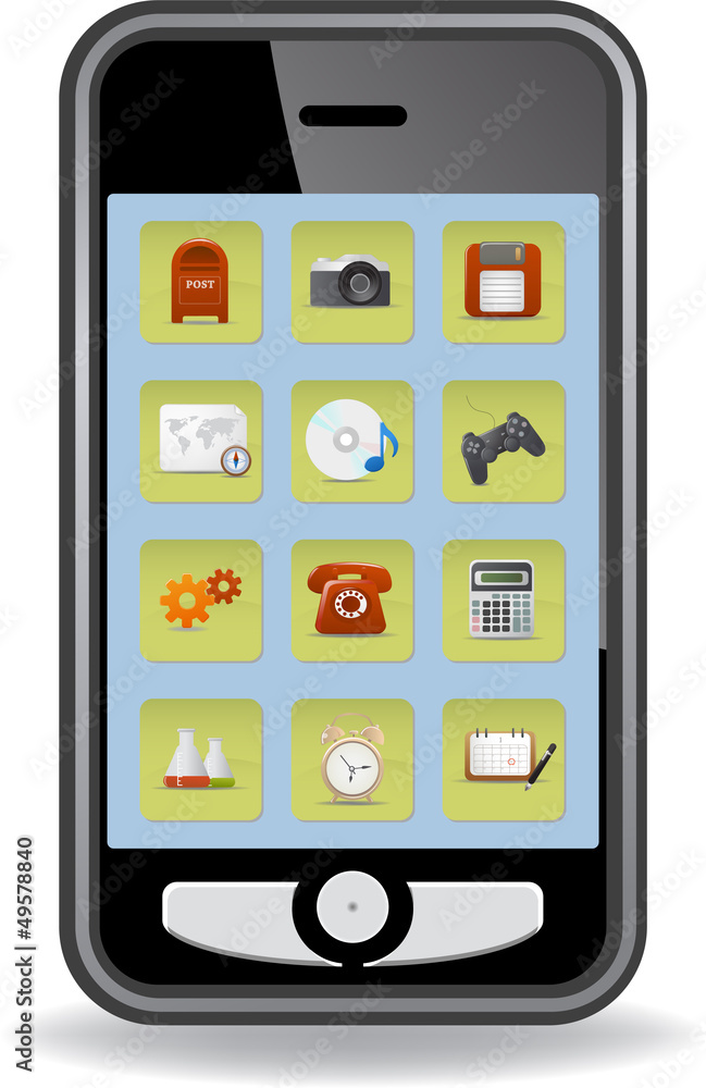 Vector smart phone with green icons on screen Vector smart phone with green icons on screen
