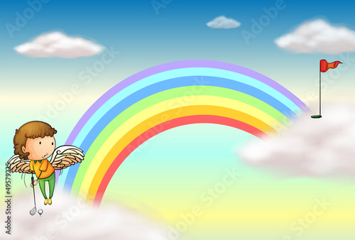 An angel playing golf near the rainbow