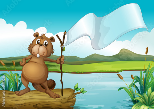A beaver holding a wood with an empty banner