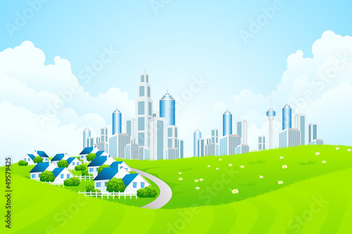 Green Landscape with City line and Cottage Village