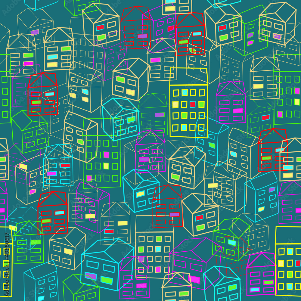 Seamless pattern with sketch houses