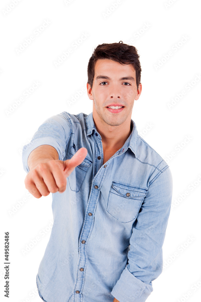 Beautiful man posing doing thumbs up