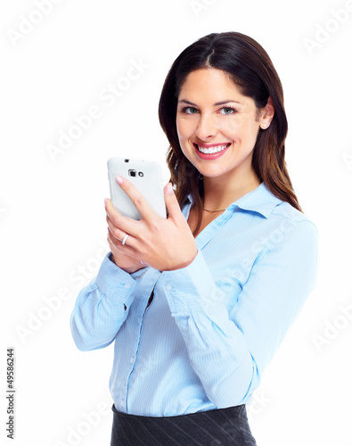 Happy business woman with cell phone.