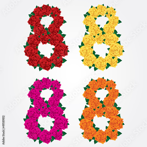 Colorful collection of isolated eights of roses