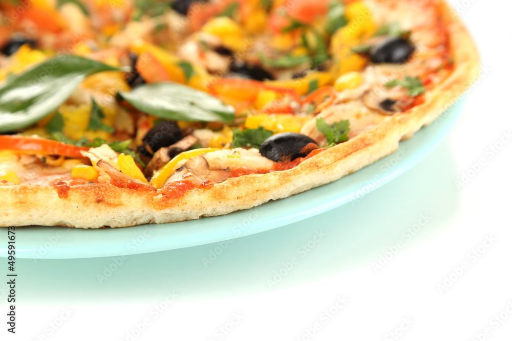 Tasty pizza with vegetables, chicken and olives isolated