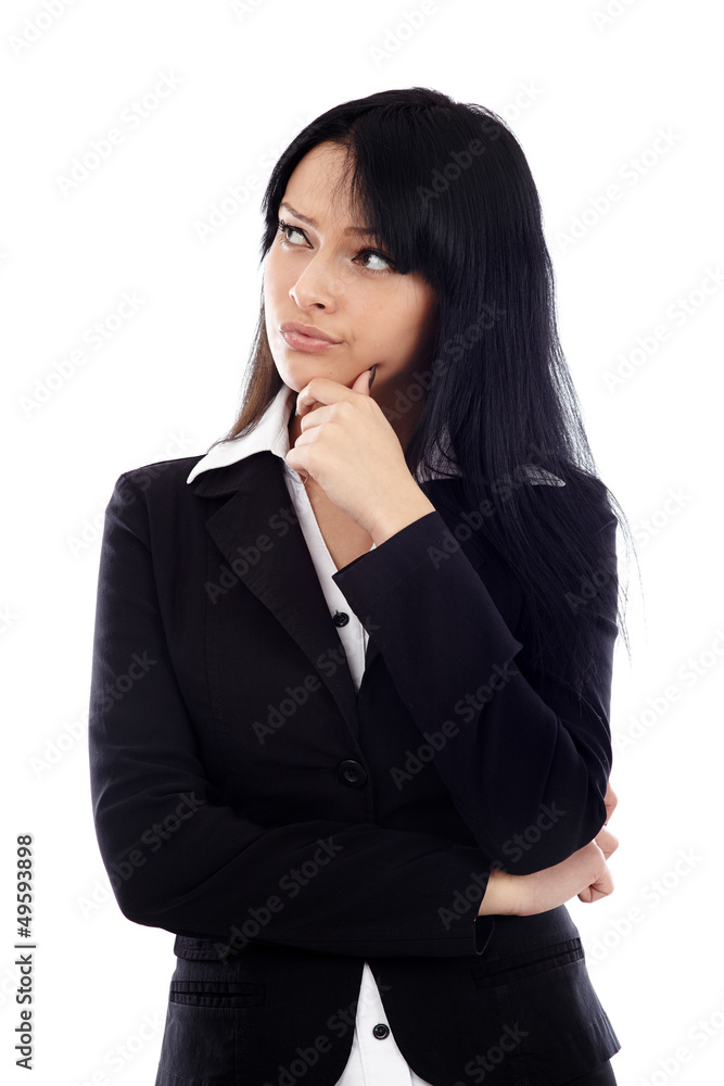 Closeup of attractive businesswoman thinking and looking at the Closeup of attractive businesswoman thinking and looking at the