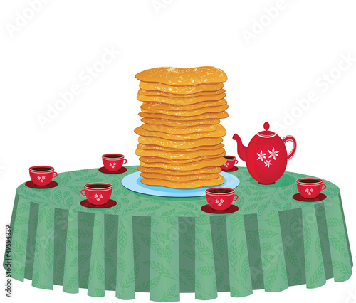 illustration of pancakes in a dish on white background