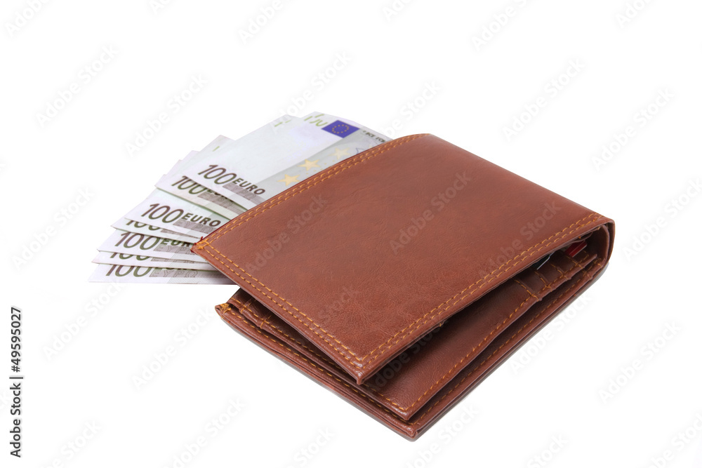 Wallet with 100 euro banknotes isolated over white Wallet with 100 euro banknotes isolated over white