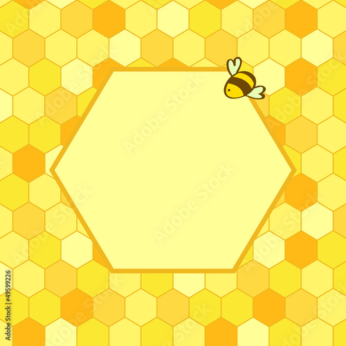 Honeycomb background with a hex frame and a cartoon bee, vector