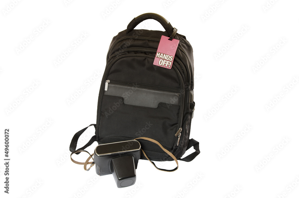 bag with sign on it and camera on white background bag with sign on it and camera on white background
