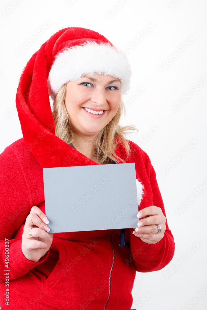 joyful pretty santa woman with empty sign joyful pretty santa woman with empty sign