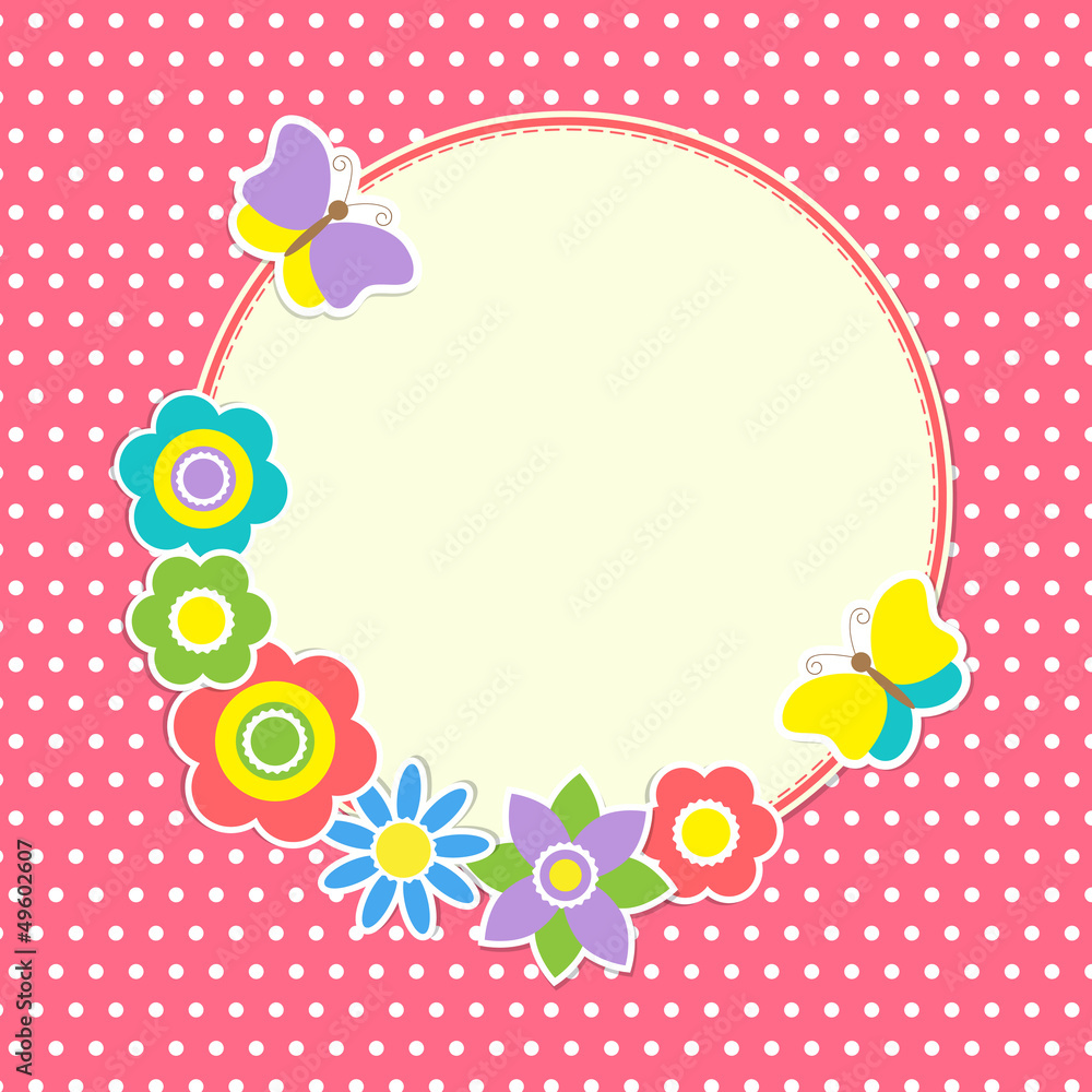 Round frame with colorful flowers and butterflies Round frame with colorful flowers and butterflies