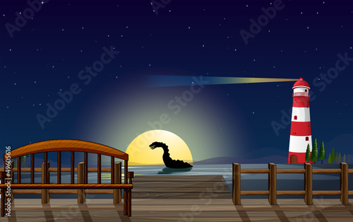 A scary sea creature near the wooden bridge