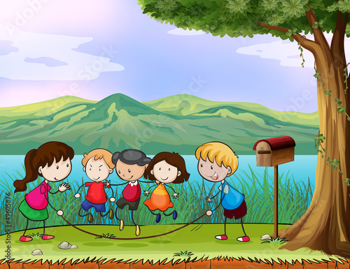 Kids playing near the wooden mailbox