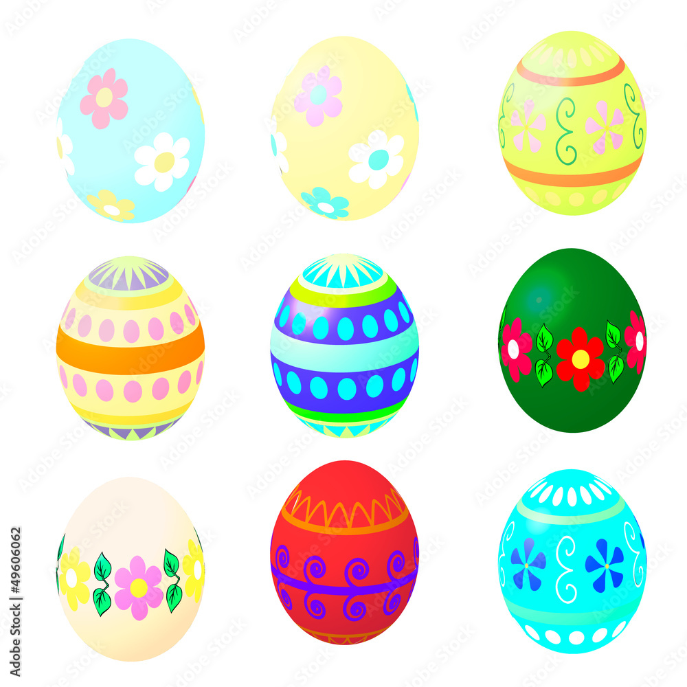 Set of Easter Eggs with Patterns on White Background