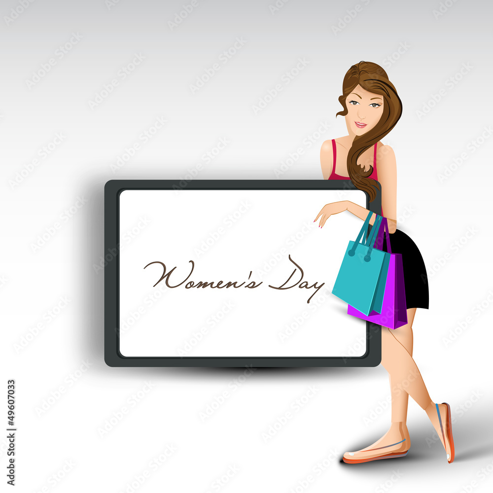 A beautiful girl with shopping bags and board having text Women' A beautiful girl with shopping bags and board having text Women'