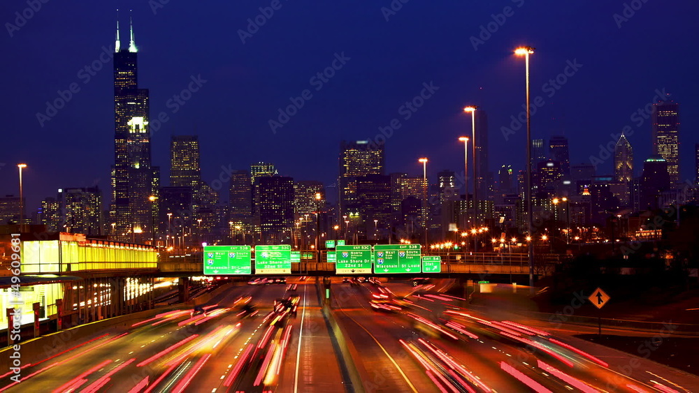 Chicago skyline and traffic at dusk timelapse, IL, USA Chicago skyline and traffic at dusk timelapse, IL, USA