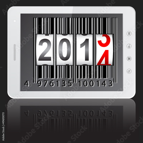 White tablet PC computer with 2014 New Year counter, barcode iso