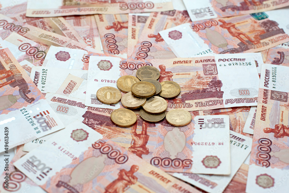 Russian rubles banknotes and coins