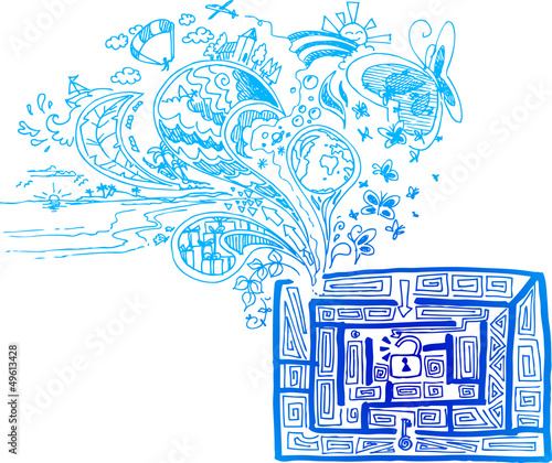 Blue sketchy doodles finding the way in a maze