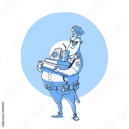 Fat policeman having fun. Vector illustration. Easy recoloring