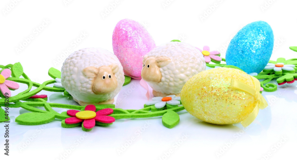 Easter eggs and sheep - obrazy, fototapety, plakaty 
