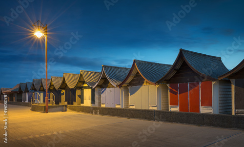 Beach Huts at Night at Mablethorpe, Lincolnshire, UK.