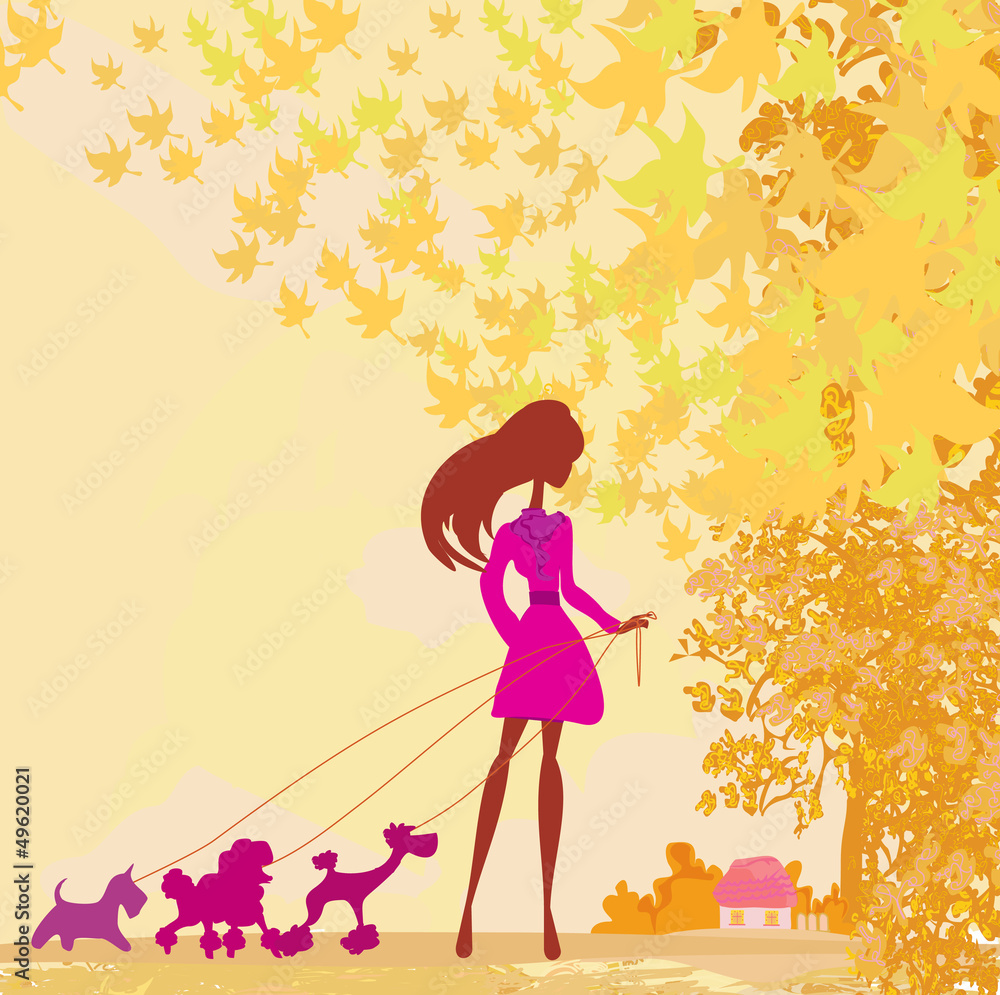 Girl walking with her dog in autumn landscape. Girl walking with her dog in autumn landscape.