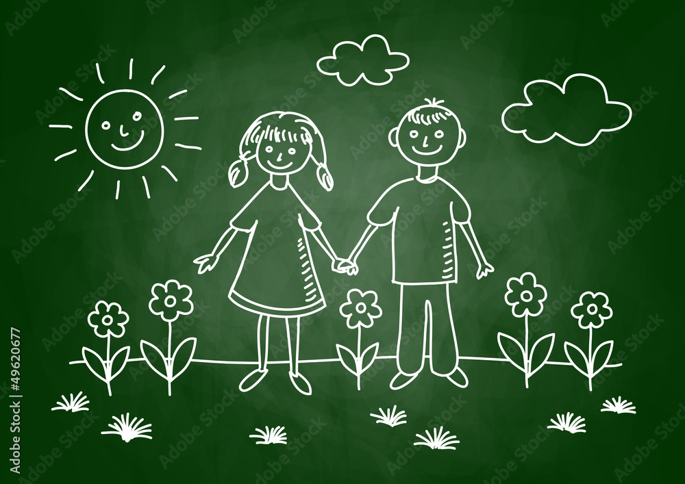 Drawing of children on blackboard Drawing of children on blackboard