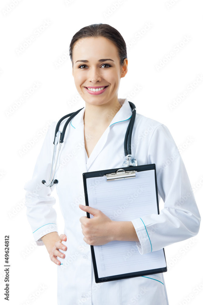 Female doctor with clipboard, isolated Female doctor with clipboard, isolated