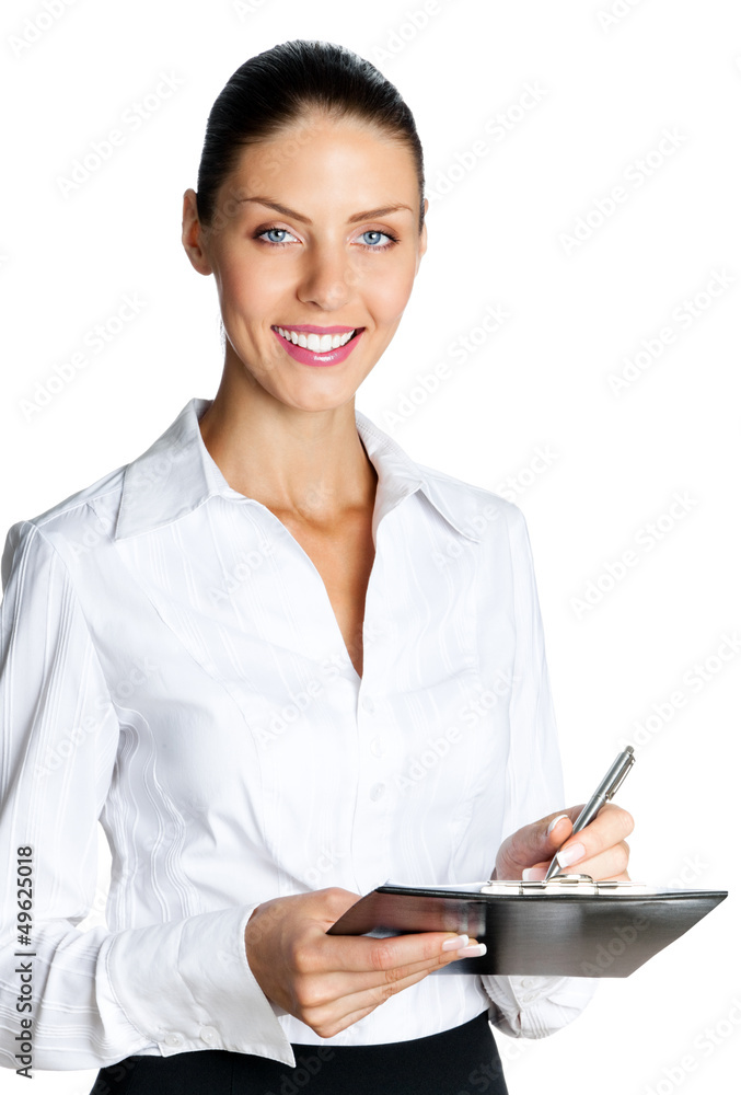 Cheerful beautiful business woman with clipboard Cheerful beautiful business woman with clipboard