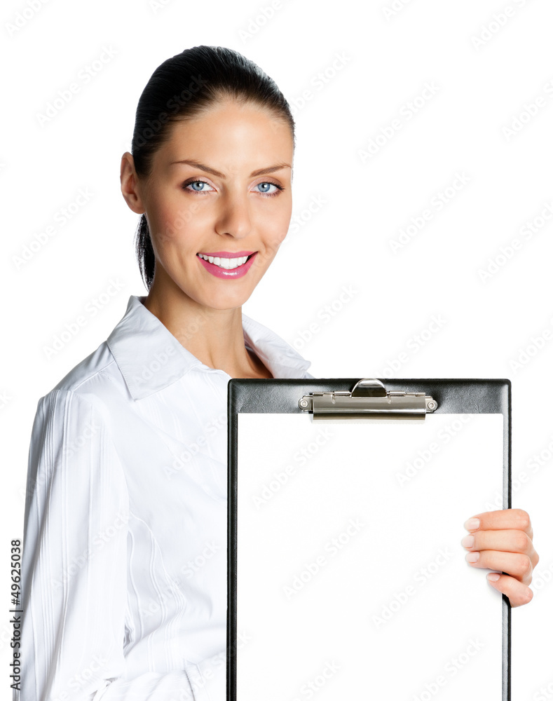 Businesswoman showing blank clipboard, on white Businesswoman showing blank clipboard, on white
