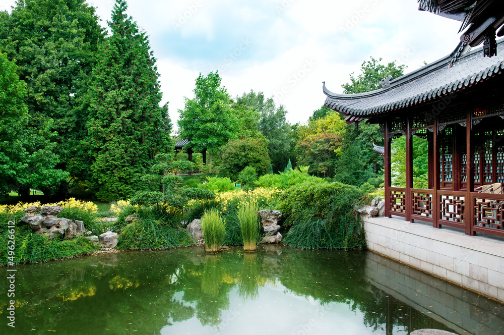 park with a lake and pagoda