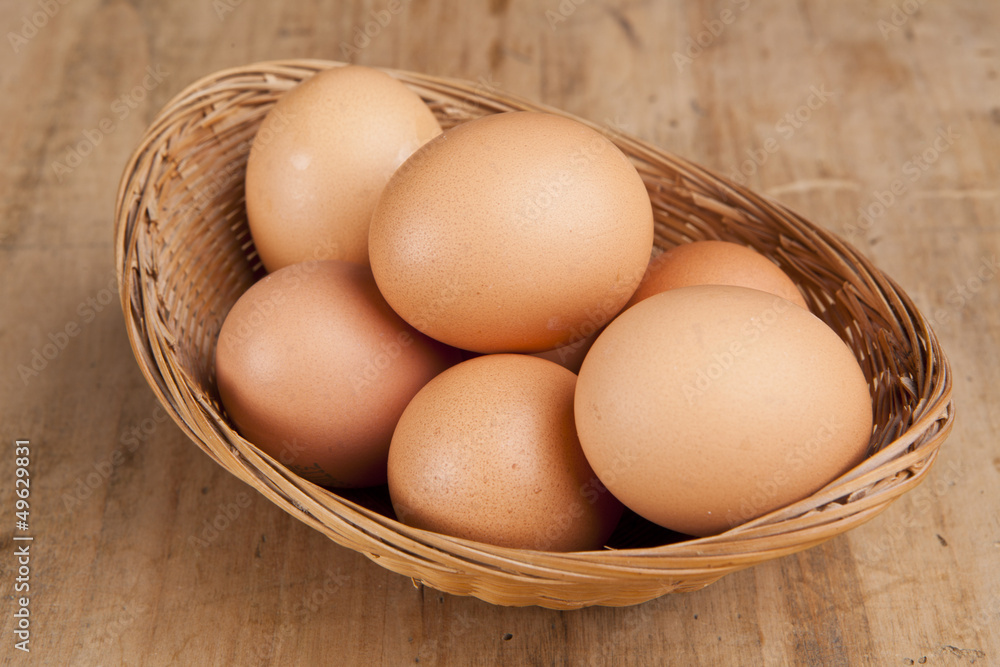 eggs in a bascket on wooden table eggs in a bascket on wooden table