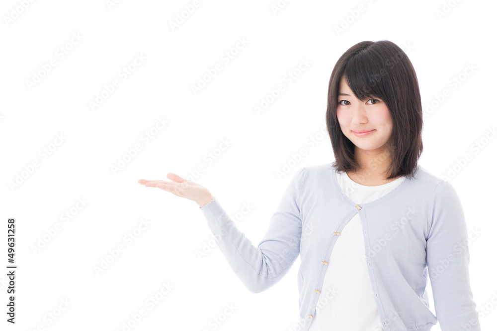a young asian woman showing on white background